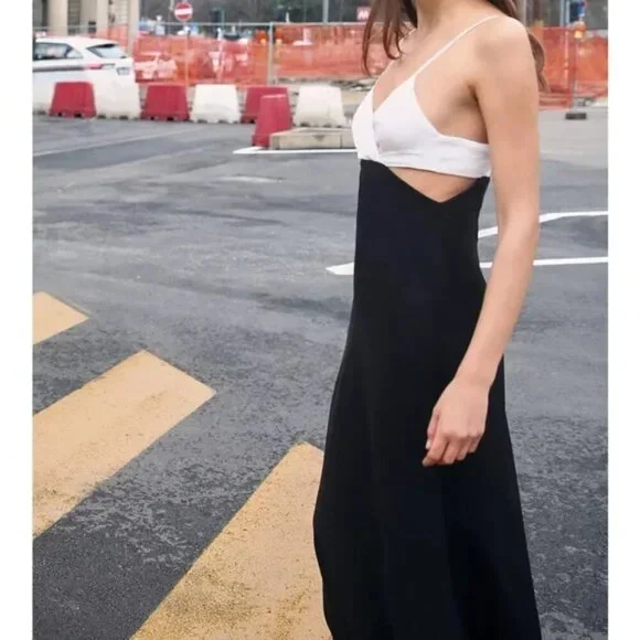 Zara Two Toned Cut Out Midi Dress NWT Black White Size Medium - Picture 5 of 13